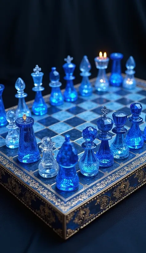 a mystical illustration depicting the sacred chess of Ankhar, made of sapphire and diamond.  in the image you can see the complete board with the 64 squares and with all the 32 pieces arranged on top, 16 of them diamond and 16 of sapphire