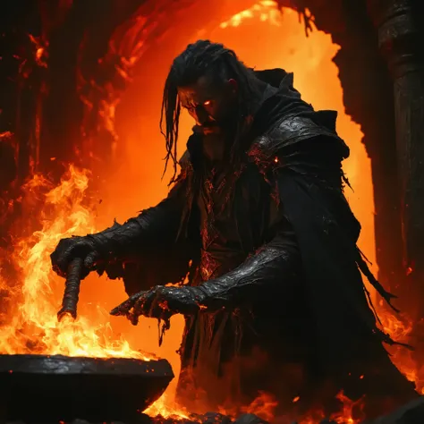  A forger of demons ...
 **name**:
- ** Korvus  " The Archforge " Vorgath **
 **appearance**:
- Age:  Apparently 40 years old ,  but in reality several centuries
- Ethnicity :  Caucasian with features obscured by dark magic
- Hair: jet black,  shoulder len...