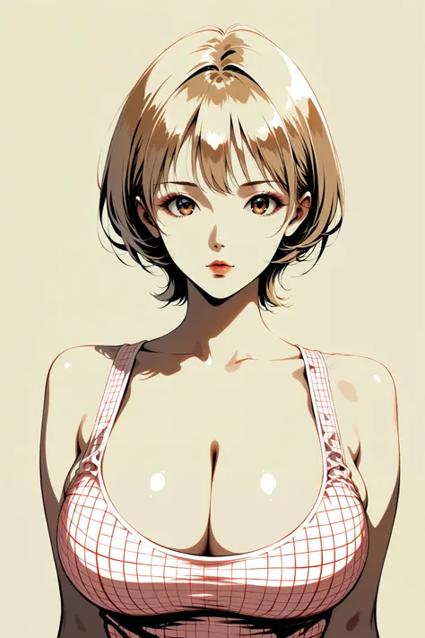 style retro classic, master piece:1.5、(minimal art, line drawing), woman、silence、An ennui look、Densely drawn, plaid tank top, huge breasts, cleavage, portrait, 













