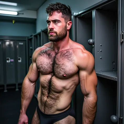  a white man, muscular, 3, with defined beard, poses shirtless in a gym locker .  The environment is industrial ,  with metallic gray walls and rows of steel lockers behind .  The cool fluorescent light of the ceiling highlights the glow of his sweaty skin...