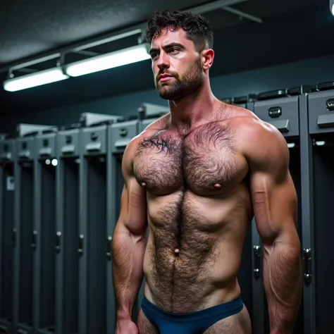  a white man, muscular, 3, with defined beard, poses shirtless in a gym locker .  The environment is industrial ,  with metallic gray walls and rows of steel lockers behind .  The cool fluorescent light of the ceiling highlights the glow of his sweaty skin...