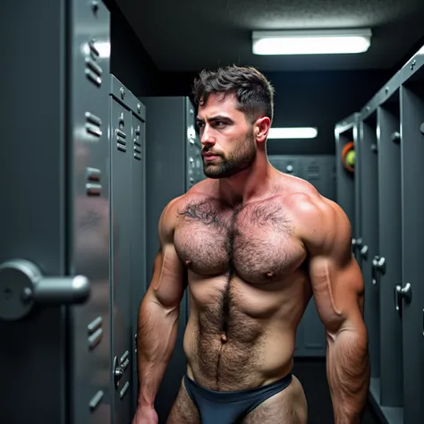  a white man, muscular, 3, with defined beard, poses shirtless in a gym locker .  The environment is industrial ,  with metallic gray walls and rows of steel lockers behind .  The cool fluorescent light of the ceiling highlights the glow of his sweaty skin...