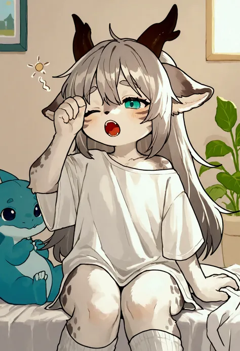 source_ furry， furry male，elementary school students，((girl，Toddler)), (furry, kemono :1.4)，dragon 1girl ,long calf socks，Sitting，Rub your eyes，Morning Sunshine， source_anime, best quality,raised eyebrows， amazing quality, very aesthetic, absurdres, (furry...