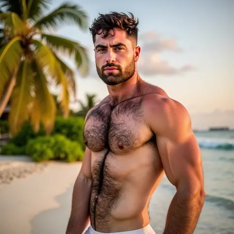  a white man, muscular, 3, with defined beard,  poses shirtless on a tropical beach at dusk . sun,  almost touching the horizon , bathe her tanned skin in a warm ,  golden light that highlights every detail of her muscles and features . Behind him,  Palm t...