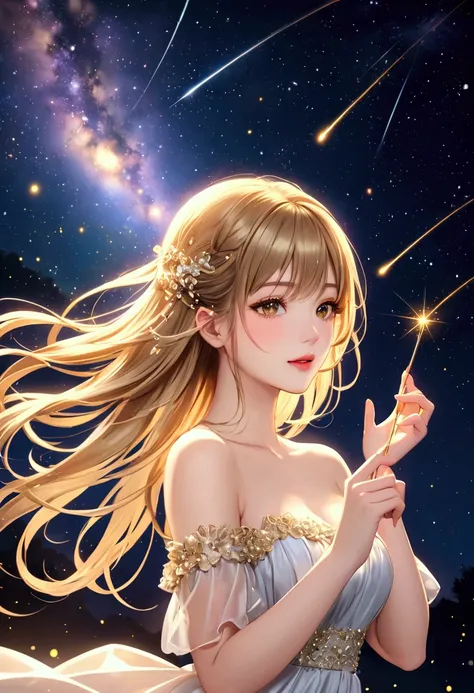 👩💖💖Sparkling golden powder effect 、 Artistic 、 starry sky 、 shooting star、CG Digital Art