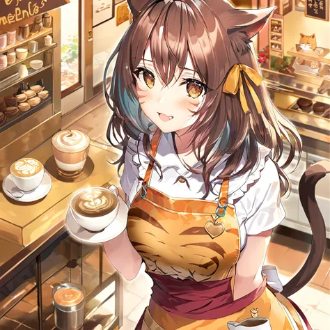  1 girl in the best、 tiger cat cafe sign 、 make lots of coffee 、Make chocolate that shines in seven colors like art 、 exciting 、 at coffee cup stores、 distribute coffee to many people 、 cat pattern apron 、Attach a cat's tail 、 smile with cat ears 、