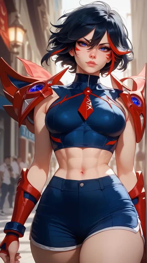 Ryuko Matoi style,  perfect eyes,  perfectly sexy face, ultra detailed,  ultra perfect eyes ,  big beautiful woman , standing, dark blue shorts, Body,  looking at the spectator,