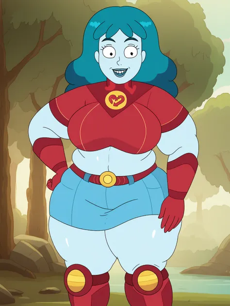 Planetina (big fat body) ,  a girl, Alone , mono, blue lips,   blue skin  ,   water hair  ,   long hair, red gloves,   belt,  knee boots  ,Teeth,   hand on hip, (clothes that fit your big, fat body size),tree, Naturaleza,      smile,al aire libre,cowboy sh...