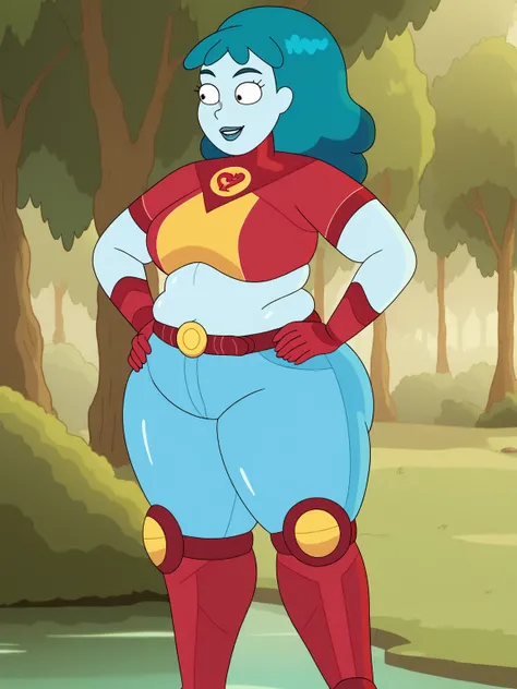 Planetina (big fat body) ,  a girl, Alone , mono, blue lips,   blue skin  ,   water hair  ,   long hair, red gloves,   belt,  knee boots  ,Teeth,   hand on hip, (clothes that fit your big, fat body size),tree, Naturaleza,      smile,al aire libre,cowboy sh...