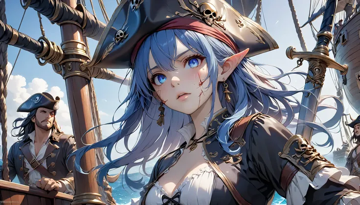 cinematic lighting, UHD, ((masterpiece)), super detail, (detailed eyes, detailed face), high quality, highres, high details, Pirate, Captain, blue Hair, Elf, On the pirate ship, Covered in wounds, Raise her sabre and encourage her allies.