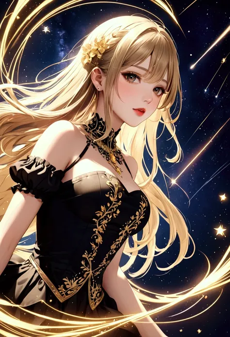 👩💖💖Sparkling golden powder effect 、 Artistic 、 starry sky 、 shooting star、CG Digital Art