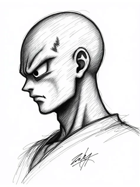 Dragon Ball Z character Tien Shinhan side view pencil sketch in black scribble art