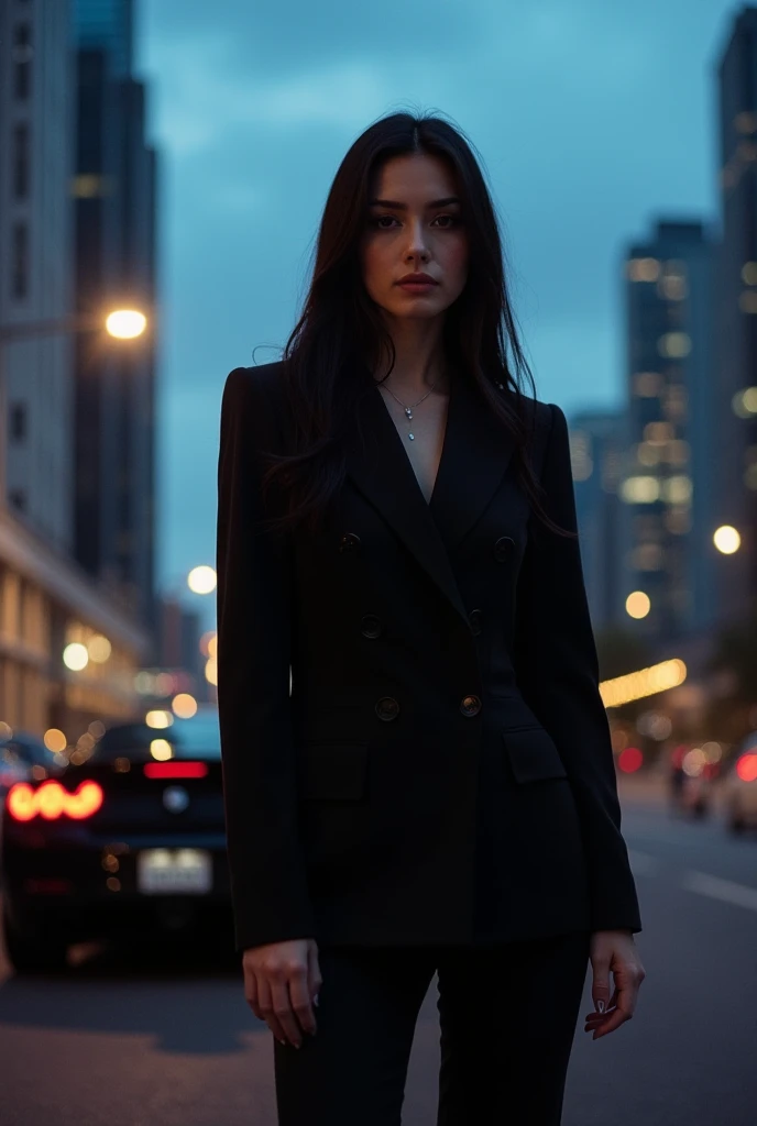 A striking figure of young lady with long black hair pale skin dressed in a sleek black suit stands confidently in the foreground, exuding an aura of sophistication and mystery. Behind him, a cityscape unfolds with modern skyscrapers reaching towards the s...