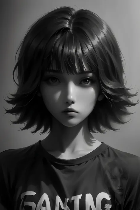 illustrated anime, style retro classic, 1girl, solo, monochrome, greyscale, short black hair, portrait, shirt, closed mouth, looking at viewer, sketch, graphite \(medium\), small lips, hatching \(texture\), without makeup, bangs, upper body,









