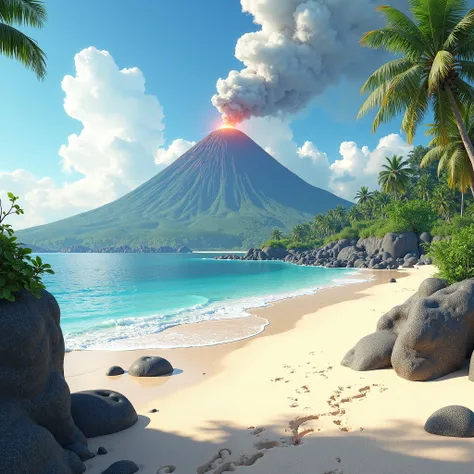 Create a paradisiacal landscape with beach and sea in 3d with an erupting volcano 