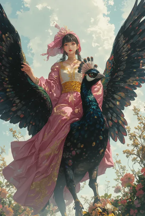 (photorealism:1.2), (photorealism:1.2), (photorealism:1.2), (best quality,4k,8k,highres,masterpiece:1.2),ultra-detailed,(realistic,photorealistic,photo-realistic:1.37),a wizard girl, wearing rich pink wizard outfit, flying, ride a massive, giants, bold, el...