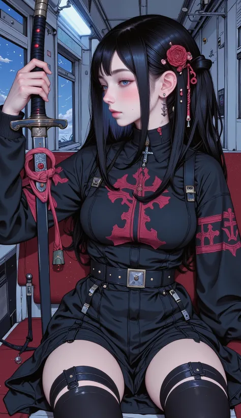  body masterpiece,  very aesthetic,  just a previous girl  ,  DEMON HUNTER  , cross pendant , gray threesome hair , black and red,  long hair , Blue eyes,  bright eyes, cross-shaped earring , plaido , strong hands,  Sitting on a train at night  ,blue sword...