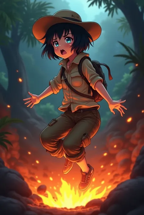 distressed {brave anime adventure girl with short black hair, a hat and explorer outfit with blue eyes}, jumping up high into the air from lava burning entirely through the seat of her pants, fire on rear exposed ,looking over shoulder with a scared and cr...