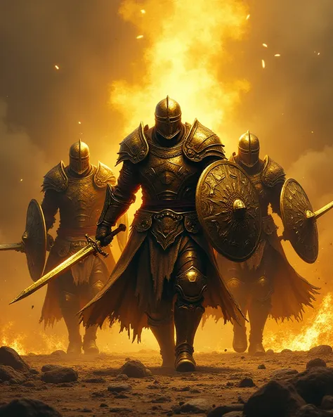  Generate three wars with dark and broken armor on a dark golden field carrying swords, Shields and made of gold