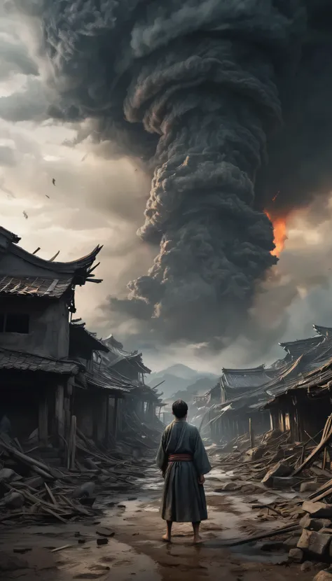 "A dramatic 4K painting depicting the fall of the Yamatai Kingdom, with a villager looking up toward the sky in despair. The scene is filled with a sense of hopelessness, as the kingdom collapses around them. The villager’s face is filled with anguish, eye...