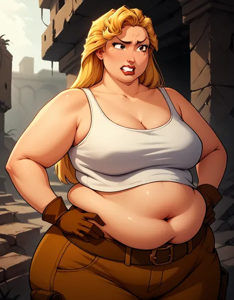  score_9,  score_8_  score_7_, score_6_  score_5_  score_4_ , 1 girl, Alone , 
 big breasts,
HelgaDG (big fat body),
 long hair,  blond hair ,  brown eyes, Lips,
 tank top , Gloves,  belt,  brown pants, ,  crop top, 
presumed,  Clenched teeth, 
, Ruins, do...