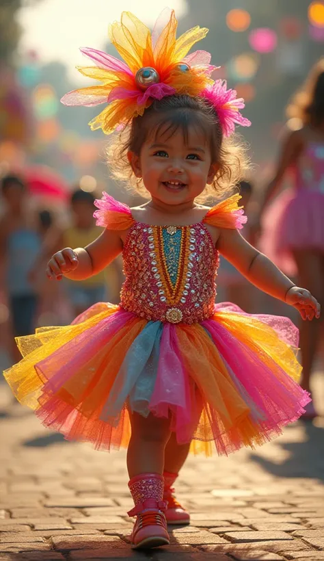 A dancing baby girl wearing a carnival costume full of sparkles. realistic image 