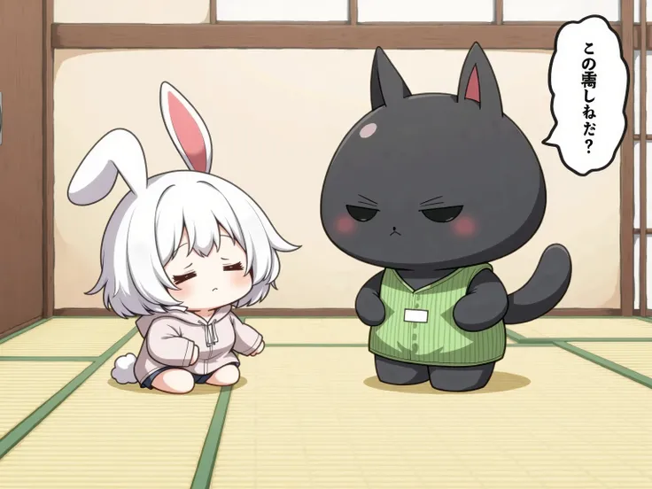 1chibi character and 1 human-like giant black cat,1chibi character\(short hair, bunny ears, closed eyes,white skin,peaceful expression, a girl wearing a hoodie, a hood with rabbit ears,on the left, Dogeza pose,facing right and kneeling. head is on the grou...