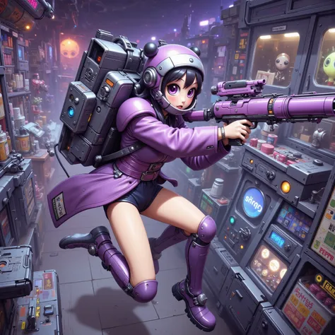 A gorgeous cyborg (cute, bubble helmet, violet sexy armor, violet eyes, rocket boots, rocket backpack and wings, big sci fi gun) striking a heroic pose as she flies through space stopping alien invaders
