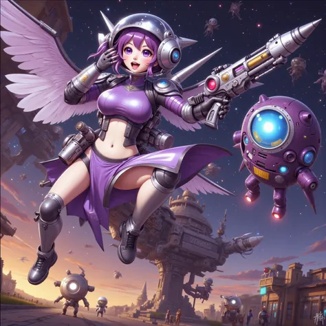 A gorgeous cyborg (cute, bubble helmet, violet sexy armor, violet eyes, rocket boots, rocket backpack and wings, big sci fi gun) striking a heroic pose as she flies through space stopping alien invaders
