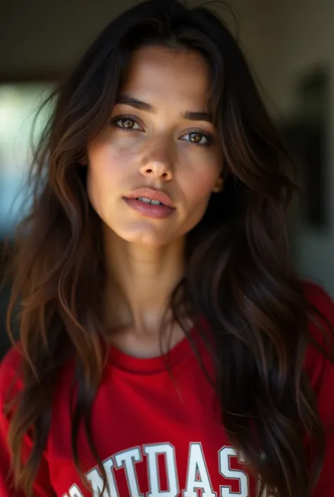 a close up of a woman with long hair wearing a red and white shirt, a portrait by Juan O'Gorman, reddit, fine art, sydney sweeney, lorena avarez, profile pic, 🇺🇦, portrait shot, beautiful mexican woman, she is mexican, tia masic, portrait sophie mudd, beau...