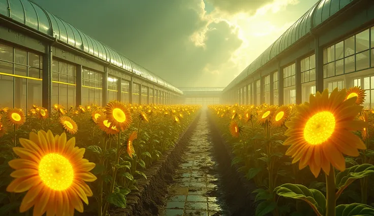 (photorealism:1.7), psychotic image of a bird's-eye-view of an utopian futuristic facility growing sunflower-creatures with tentacle vines and thorny teeth and glowing pale yellow neon power crystals, long glass greenhouses, laboratory, the sunflowers are ...