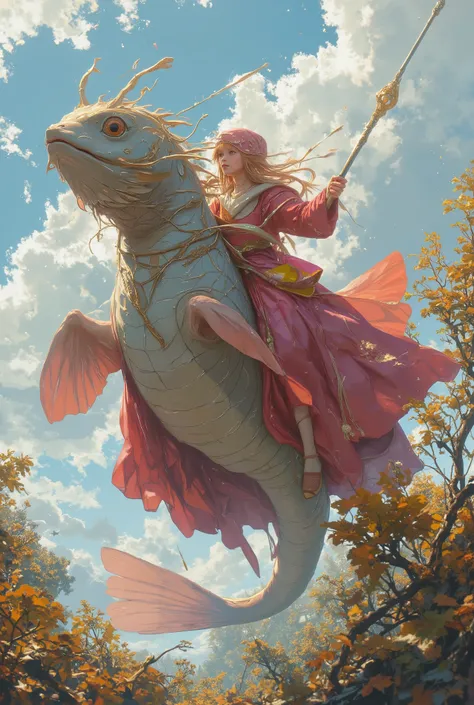 (photorealism:1.2), (photorealism:1.2), (photorealism:1.2), (best quality,4k,8k,highres,masterpiece:1.2),ultra-detailed,(realistic,photorealistic,photo-realistic:1.37),a wizard girl, wearing rich pink wizard outfit, flying, ride a massive, giants, bold, Sw...