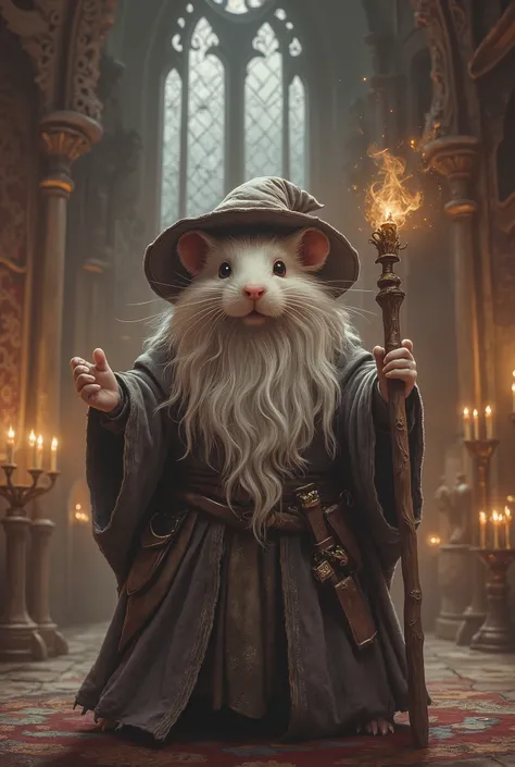  Hamster dressed as Gandalf  ,Fantasy style,  masterpiece, Best quality, Super Detail,4K, standing in a mystical castle,  extremely detailed 8k photo with very realistic presentation,  dramatic lighting ,  kinematic composition, epic fantasy scene ,fluffy,...