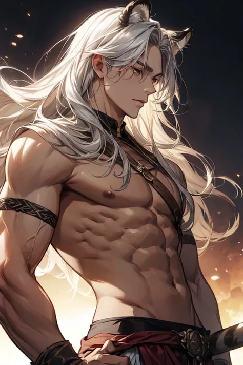 A man with white long hair, fit body, barbarian clothes, tiger ears, fantasy