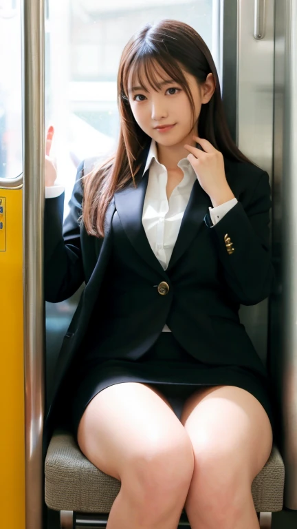 smile,one japanese woman,(masterpiece, Highest quality, 8K, RAW Photos, beautifully、aesthetic:1.2),  Intricate details, indirect lighting, Realistic,
whole body, Sitting on a chair on the train、Staring at the viewers、Voyeur、Top Quality, Very High Resolutio...