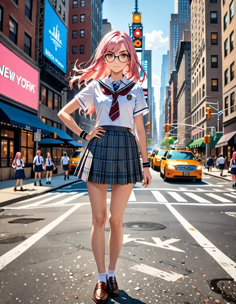 masterpiece, best quality, hires, highly detailed, 8K. Beautiful and pink-haired, light brown eyes, waist-length hair, (glasses, high school uniform, placed skirt, miniskirt, loafers), (bare legs), (matching wrist bands), (hand on hip, perfect hands), stan...