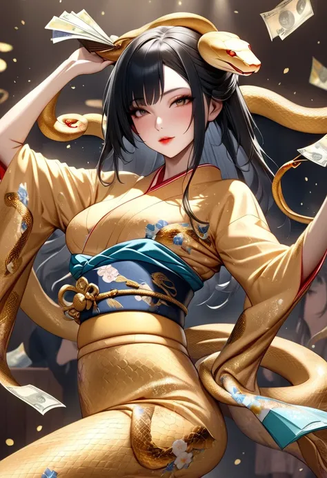 (masterpiece,  best quality:1.2),  female 1 person, Alone, The snake goddess with long black hair , Golden Snake ,  hip swing dance  ,  Gorgeous Kimono, Use banknotes as a fan ,  detailed and realistic skin texture ((  Glitter Effects  ))