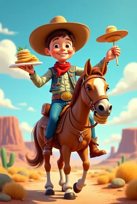 cartoon de um jovem cowboy de chapeu,  buckle belt and boot, on top of a horse and holding several toothpick crepes and a crepe in the horse's mouth