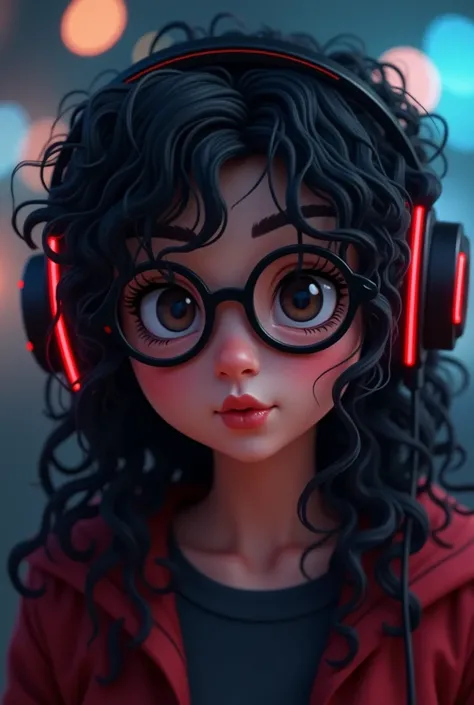  Create an image of one with long curly hair and loose black,  dark black eyes ,  full and reddish lips ,  brand,  do it with gamer headphones , Of rimless glasses, Do it in animation , Make it in the form of a logo for a YouTube intro