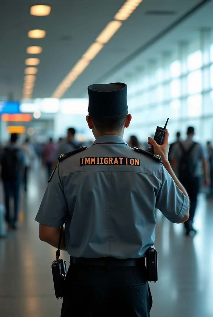 immigration officer of indonesia at duty at airport, view from the back of officer, wearing a vet named "IMMIGRATION", officer while talking with walkie-talkie 