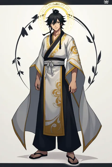 character style : Ancient Era Type Heian Era or Older, I Want a Male Character Looking Around 17 to 21 Years Old,  black hair, Black Eyes Like the Void of the Universe, trunk no, Long Pants With Those Types Of Apron In The Front And Back The Colors Are Whi...