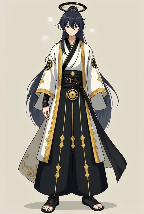 character style : Ancient Era Type Heian Era or Older, I Want a Male Character Looking Around 17 to 21 Years Old,  black hair, Black Eyes Like the Void of the Universe, trunk no, Long Pants With Those Types Of Apron In The Front And Back The Colors Are Whi...