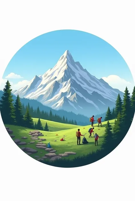 Logo containing realistic mountain...where we can observe the clean up being on the mountain....also show the eco friendly part in the logo ...the logo should be in circle icon....make it realistic