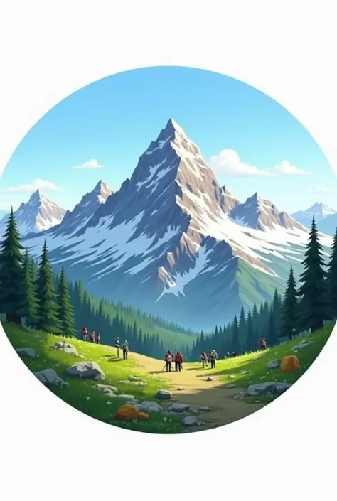 Logo containing realistic mountain...where we can observe the clean up being on the mountain....also show the eco friendly part in the logo ...the logo should be in circle icon....make it realistic