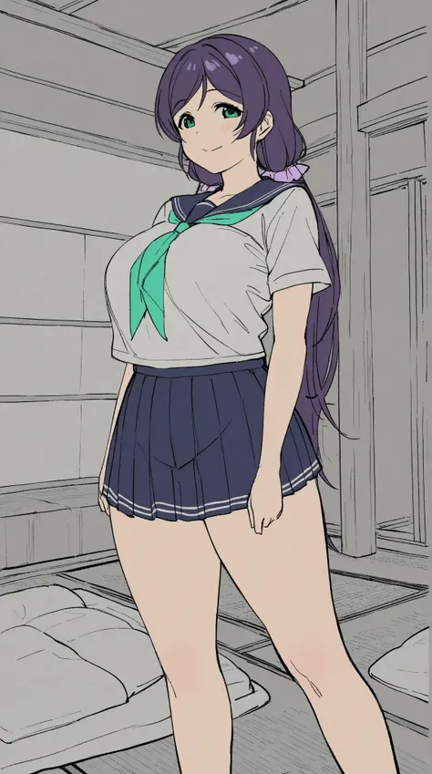 ,color line art,(sketch:0.9),(1girl:1),tojo nozomi,(beautiful detailed face:1.1),green eyes,wide hip,(big thighs:1),(Average breasts:1),standing,(tatami room:1.1),futon,serafuku,navy skirt