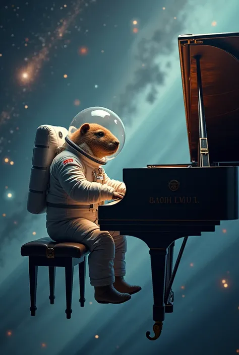 Capybara in an astronaut outfit playing the piano in space cidrerau 