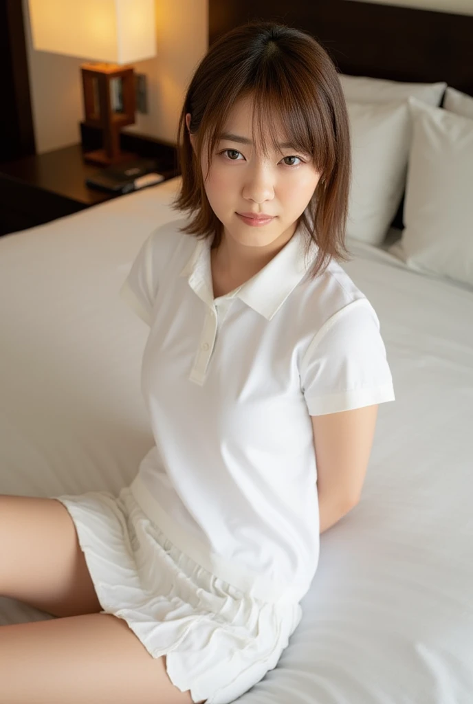 (Masterpiece, Best quality:1.3), (Ultra realistic, Photo-realistic:1.2), (nsfw: 1.2), (Full body: 1.2), (From above:1.3), Japanese woman, Natural light, 26 years old actors, Neat and clean, ((Wearing white tennis uniform, White short-sleeve polo shirt with...