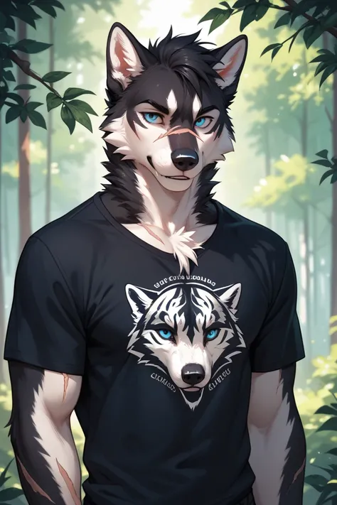 An anthro husky with a Black and Dark black fur with blue eyes and scars along his arms and chest and face wearing a black t-shirt and black in a Forest