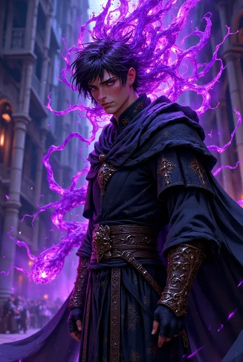 30-year-old man with short black hair and purple eyes in medieval clothes with purple monster coming out of him