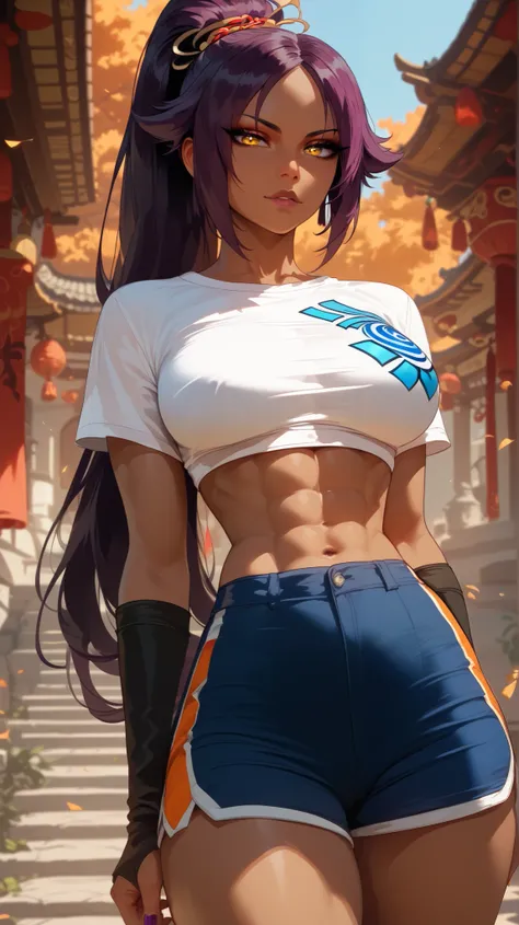 estilo Yoruichi Shihouin,  perfect eyes,  perfectly sexy face, ultra detailed,  ultra perfect eyes ,  big beautiful woman , standing, dark blue shorts, Body,  looking at the spectator,